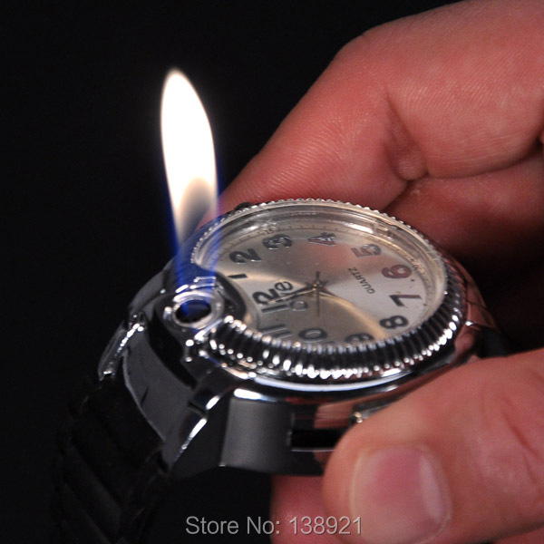 Free Shipping 2-in-1 Butane Gas Refillable Butane Cigarette Lighter Torch Silica Strap Quartz Wrist Watch Men\\\'s Christmas Birthday Gift-Silver (4)