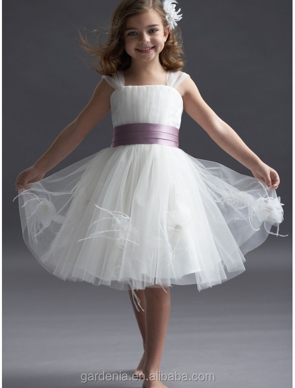 高品質かわいい白のラインスクエアネックスパゲッティストラップスカート真綿のチュールネットサッシフラワーガールのドレス( ab0380)問屋・仕入れ・卸・卸売り