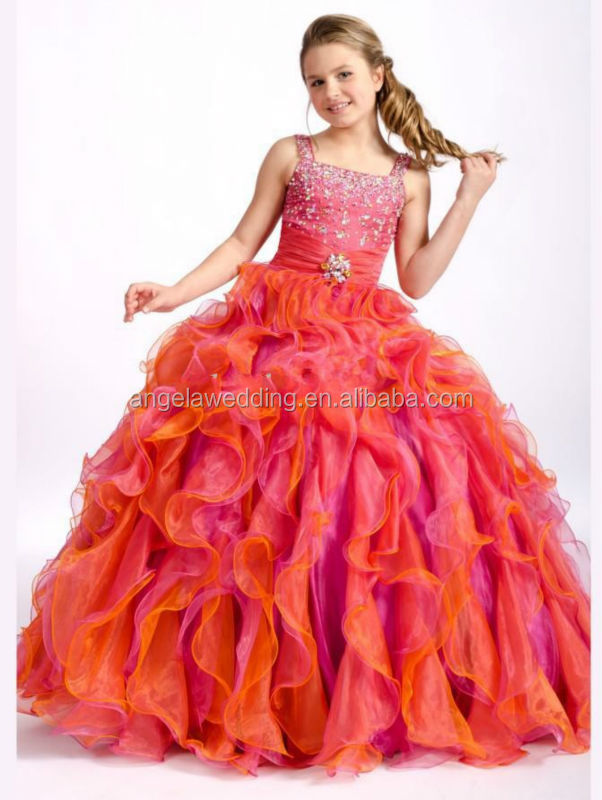 素晴らしいボールオレンジfl092衣装はフリルビーズフロア長さのフラワーガールのドレスのページェント問屋・仕入れ・卸・卸売り