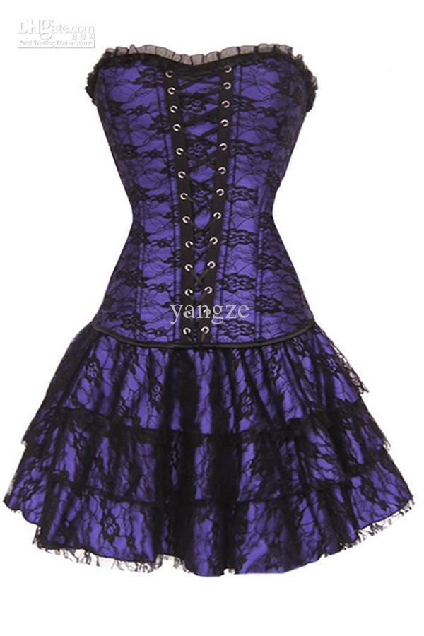 Sexy Girl\`s Women\`s Gothic Corset Top Dress with G-string Boned Lace Up Waist Cincher Bustier girdles Tulle Flower 5 Sizes 630 
