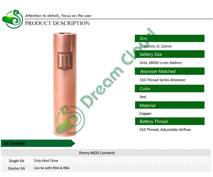 New Arrival!! 2014 Newest Mechanical Mod 1:1 Penny MOD Clone from Dream Cloud