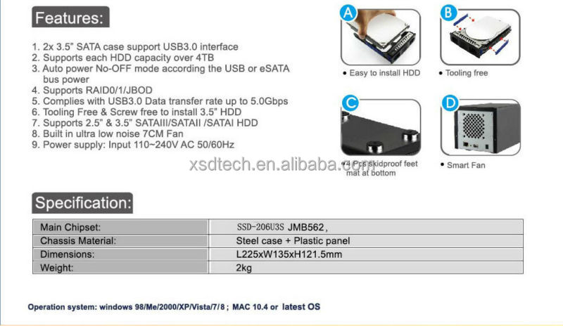 Enlcosure2ベイhdd冷却ファンを搭載したハードディスクケースssd- 206u3s2*3.5''ケースhddsata問屋・仕入れ・卸・卸売り