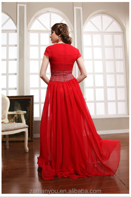 袖付き2014エレガントなシフォンビーズ赤いロングイブニングドレス問屋・仕入れ・卸・卸売り
