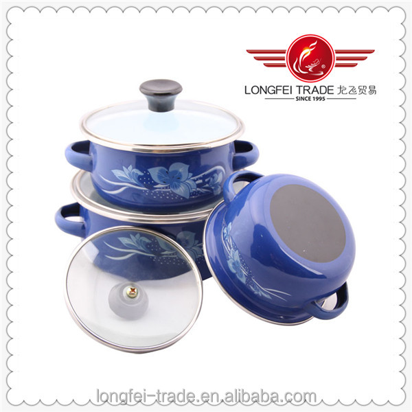 青花の熱い販売の2014年デカール2エナメルハンドル3個エナメルキャセロールセット問屋・仕入れ・卸・卸売り