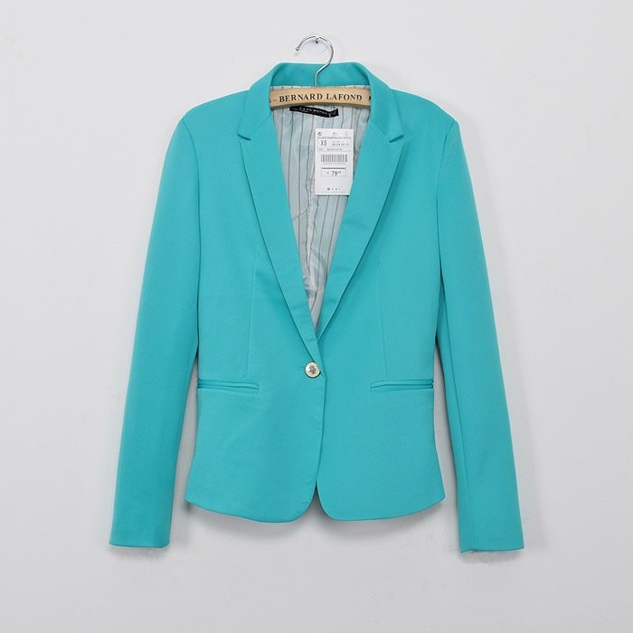 Sky-Blue-Free-shipping-Womens-Tunic-Foldable-sleeve-Blazer-Jacket-candy-color-lined-striped-Z-suit-one-button