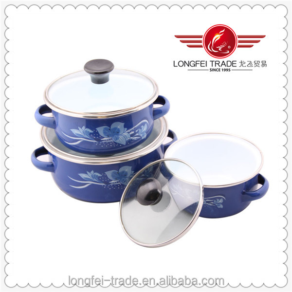 青花の熱い販売の2014年デカール2エナメルハンドル3個エナメルキャセロールセット問屋・仕入れ・卸・卸売り