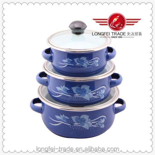 青花の熱い販売の2014年デカール2エナメルハンドル3個エナメルキャセロールセット問屋・仕入れ・卸・卸売り