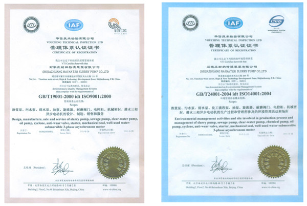 slurry pump ISO Certificate