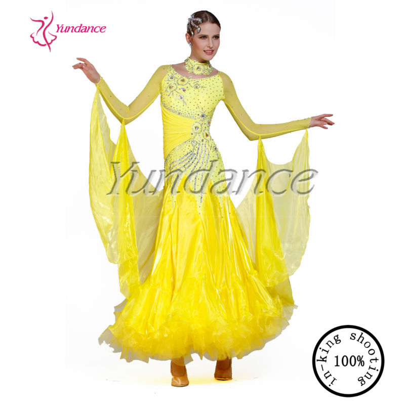 ふわふわb-13972014年黄色のダンスの衣装、 ラグジュアリーダンスの摩耗、 社交ダンスのためのドレス問屋・仕入れ・卸・卸売り