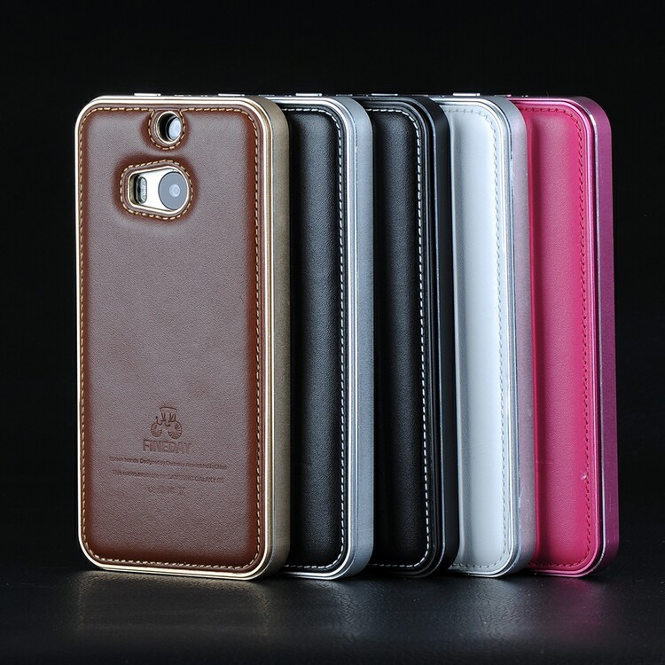 iMatch Luxury Aluminum Metal Bumper Premium Genuine Leather Back Cover Case for HTC One M8