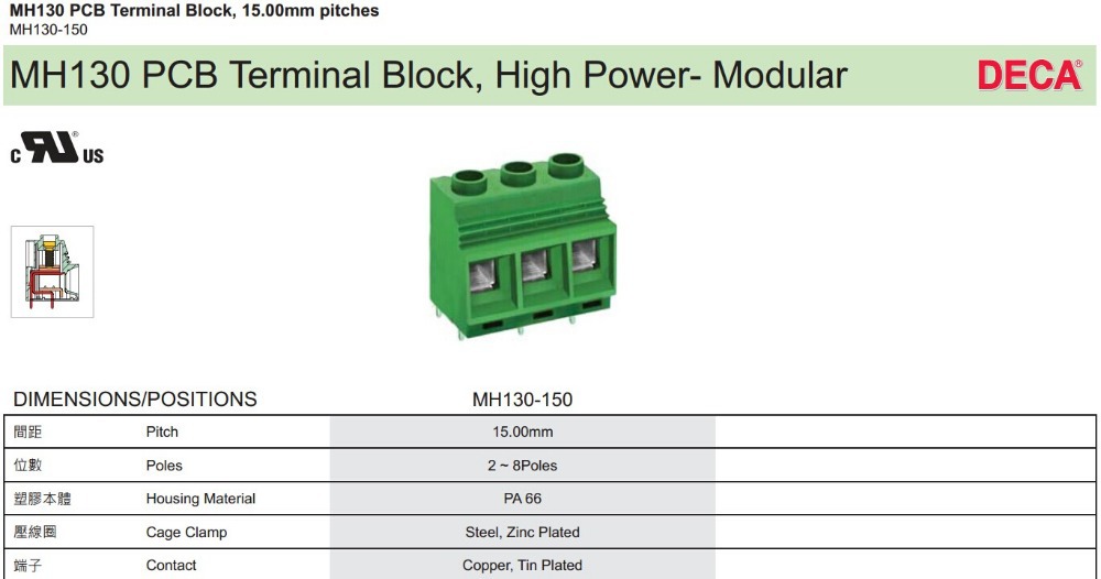 ユーロタイプの端子台、 mh130-150、 15.00ピッチプリント基板用端子台仕入れ・メーカー・工場