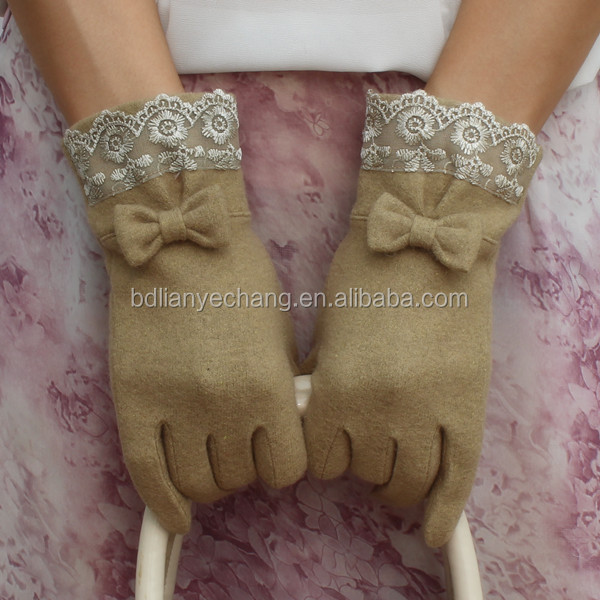 ちょう結びの飾りレーストリミングベージュウールカスタムセックス女性のための手袋仕入れ・メーカー・工場