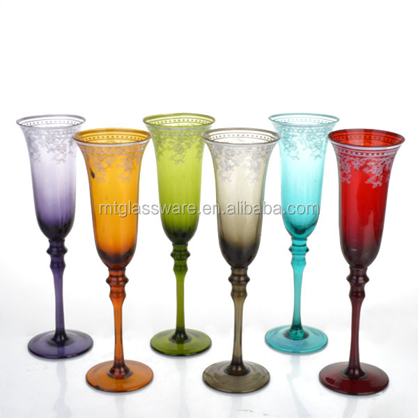 Set of 6 Colored Tulip Champagne Glass with Decor