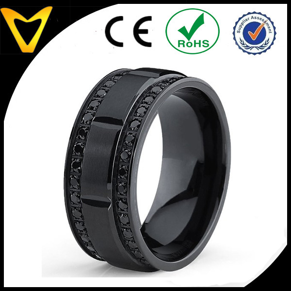 Vlink jewelry 9mm men's black titanium wedding band ring with double row black cubic zirconia 2.jpg