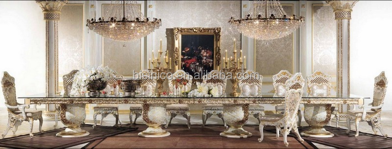 高級イタリアンデザインスタイル真鍮と木のダイニングルームの家具/宮殿バロックスタイル寄木細工6メートル長いダイニングテーブル仕入れ・メーカー・工場