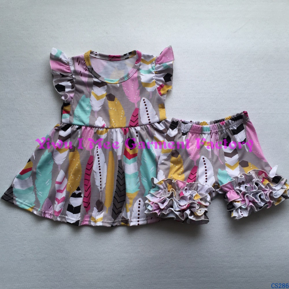 CS292かわいい女の子ブティック夏衣装子供チキン柄フラッタースリーブドレスとアイシングショーツ服セット仕入れ・メーカー・工場