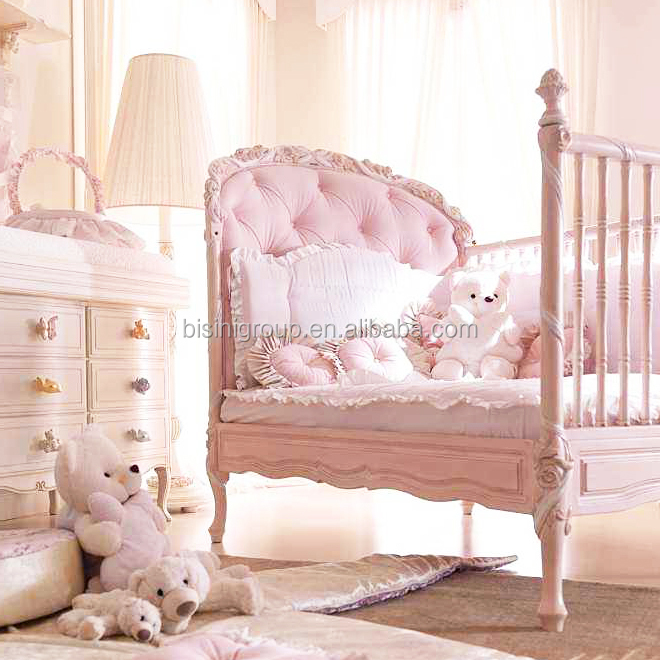 Classic Rococo Wooden Reproduction Tufted Baby Crib In Pure White