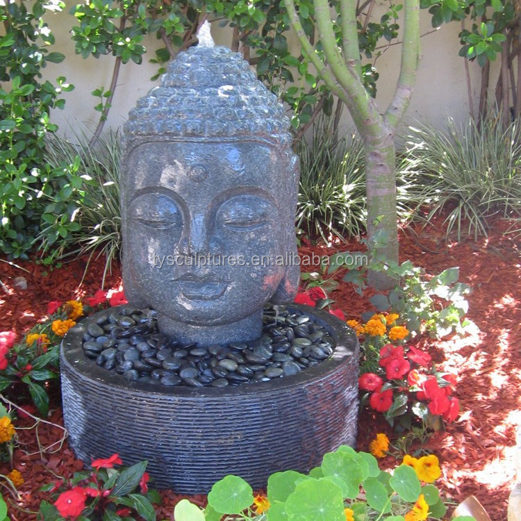 stone outdoor garden buddha head water fountain (1)
