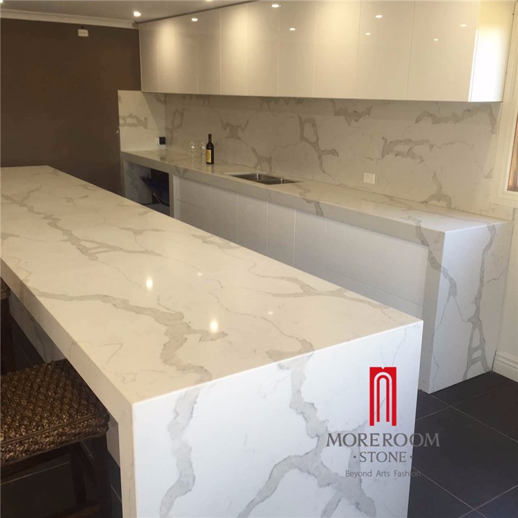 Marble Look White Quartz Stone Center Table Bench Top For Kitchen