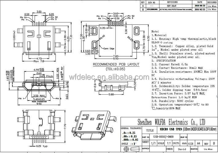 7ピンdip9.900.5ピッチ型マイクロusb2.00.85ミリメートルpcbメスコネクタの下で仕入れ・メーカー・工場