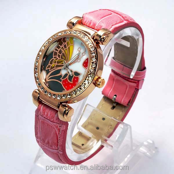 rose gold flower print dial Japan quartz lady watches fashion leather watch
