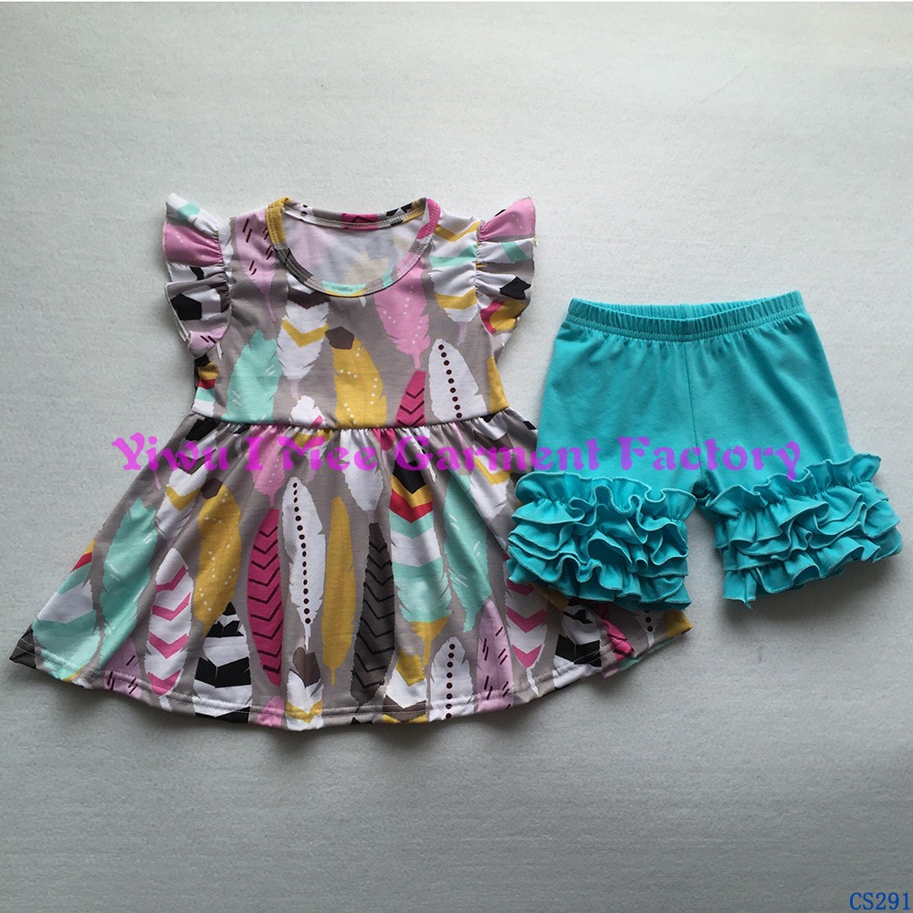 CS292かわいい女の子ブティック夏衣装子供チキン柄フラッタースリーブドレスとアイシングショーツ服セット仕入れ・メーカー・工場