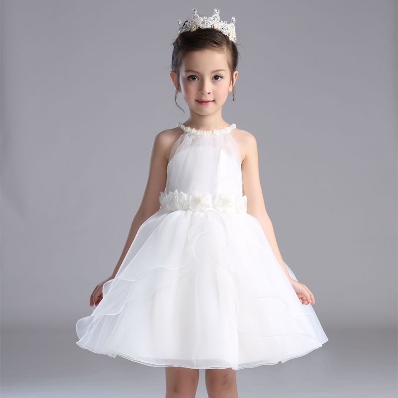 Angel Fluffy Flower Party Dress Harness Beaded White Wedding Dress