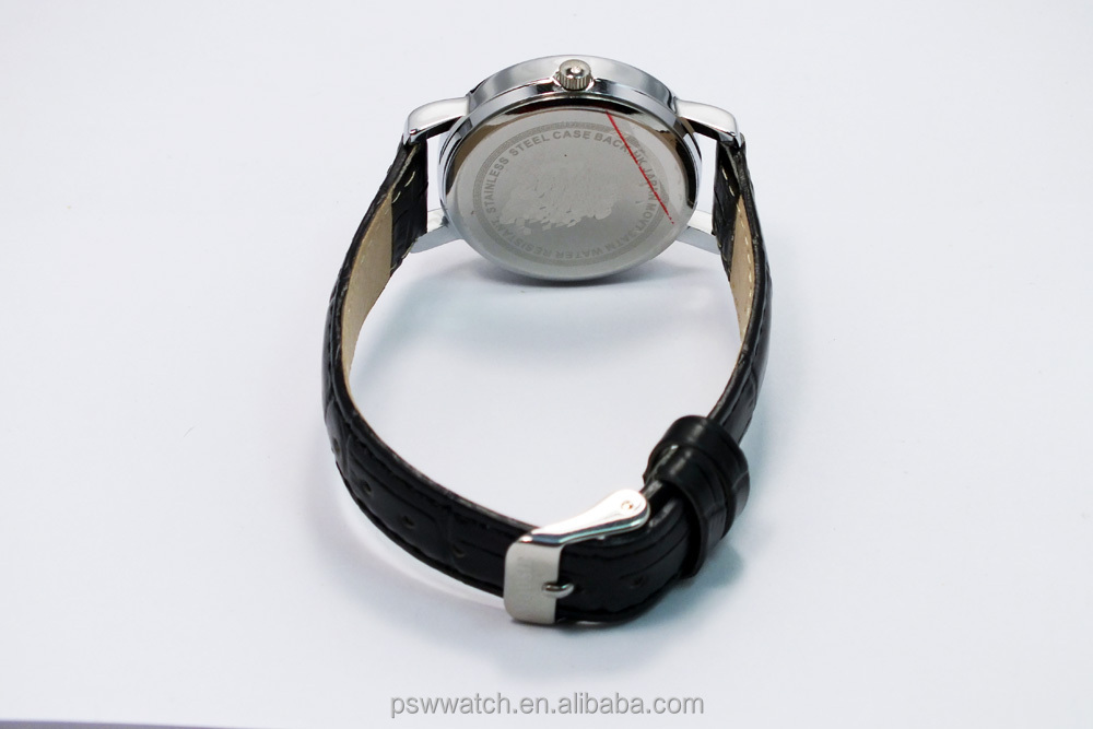 Man watch 2015 black genuine leather watch with calendar