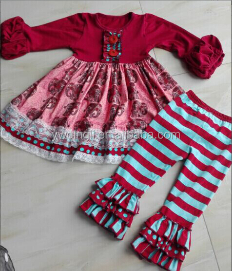 2015熱い販売の赤ん坊の服の長い袖の女の子の秋のセットとsoildダブルフリル付きパンツ衣装象の印刷されたドレス衣装仕入れ・メーカー・工場