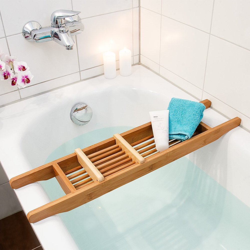 Bamboo Bathtub Tray Caddy With Extending Sides And Adjustable Book