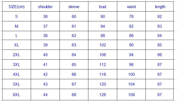 SIZE CHART long