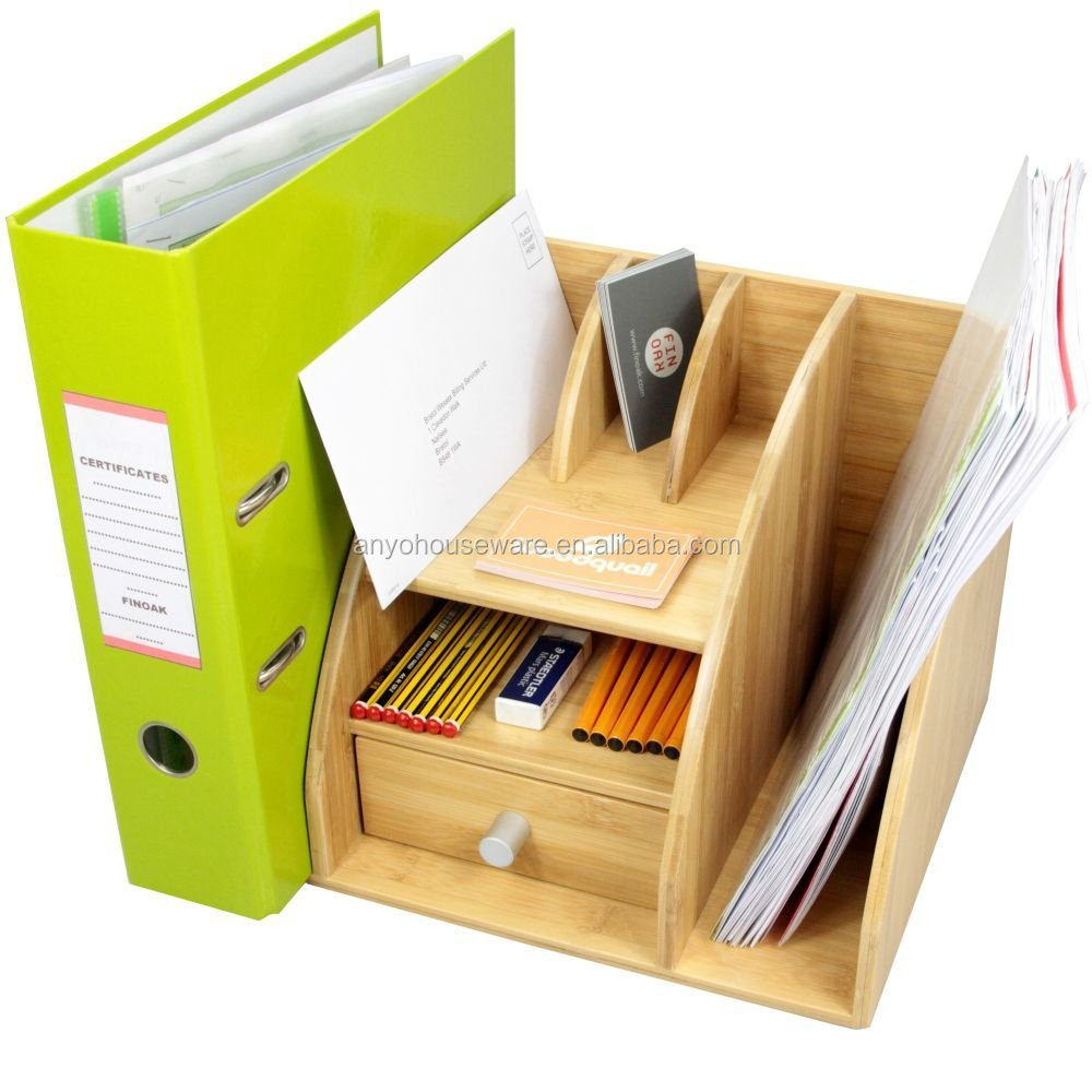 Natural Bamboo Desktop File Holder Desk Tidy Stationery Organiser