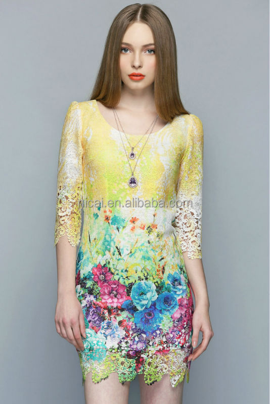 中空アウト2014年裾花柄のコットンスリム女性の夏の鉛筆のドレス問屋・仕入れ・卸・卸売り