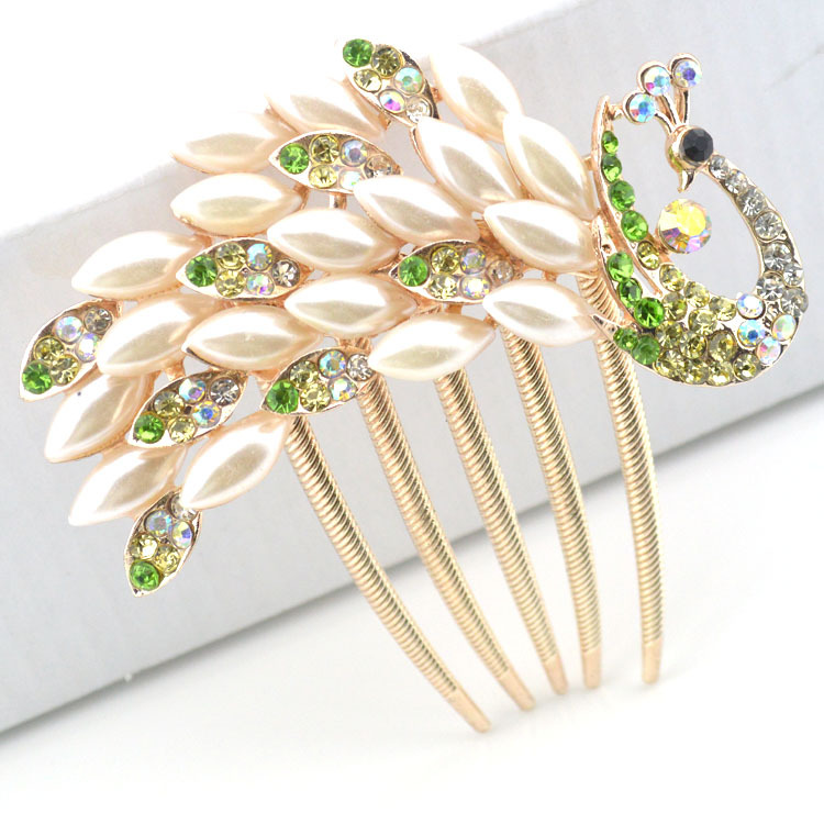 2014 fashion retail peacock Pearl green crystal alloy charm flower wedding bride comb