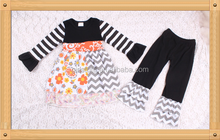 かわいい女子秋黒い綿のシャツの衣装花柄フリルパンツブティックキッズ服感謝祭小さな女の子の衣装仕入れ・メーカー・工場