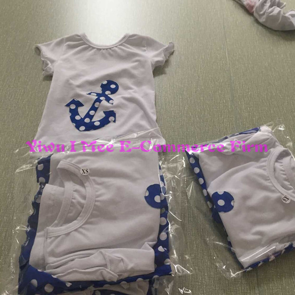 中国安価なフリルの服卸売かわいい赤ちゃん女の子ブルードットの綿カプリパンツim-cp002ある一つの大きなフリル仕入れ・メーカー・工場