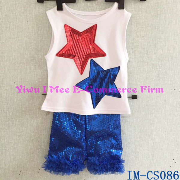 Persnicketyアンカーが付いているスタイリッシュの子の服の子供の白いシャツ一致青色ドットフリルショートパンツ衣装7月4日im-cs094用のセット仕入れ・メーカー・工場