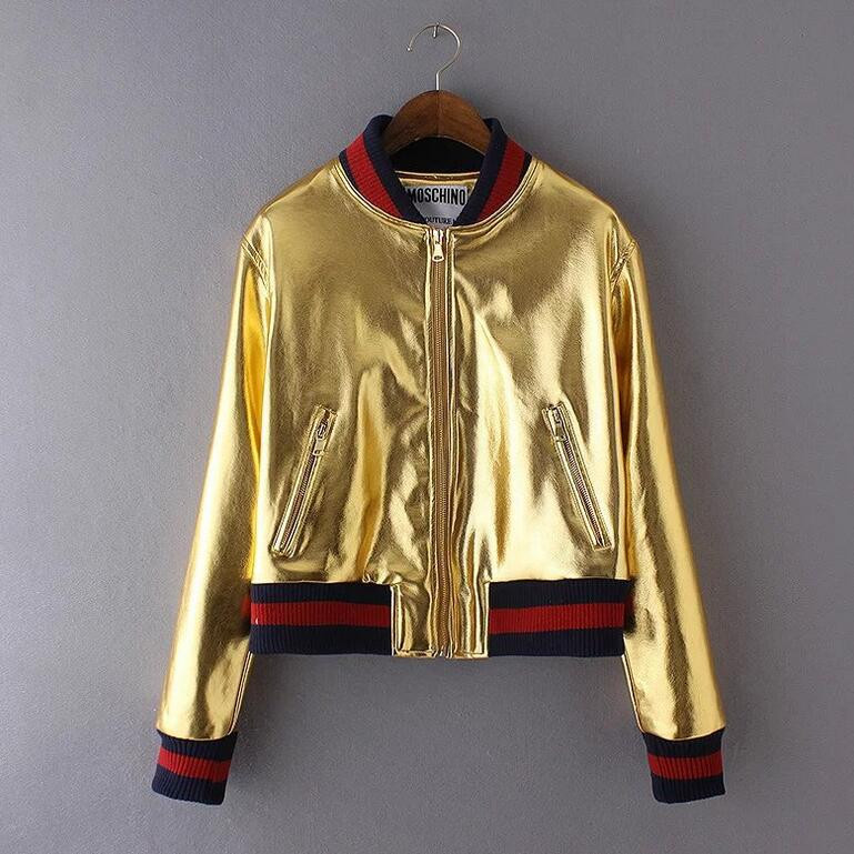 Womens MODA INTERNATIONAL gold Metallic studded Leather bomber Jacket.  Large Euc