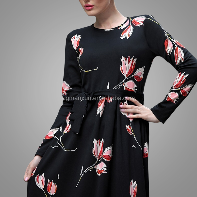 High Quality Simple Fancy Abaya For Women Dubai Printing Long Sleeve Maxi Dress Abaya Muslim Black Belt Kaftan Dress (4).jpg