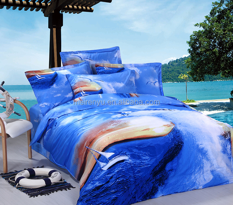 熱い販売の卸売綿100％幻想的な青い海が見えるサーフィン快適な3d印刷された寝具セット仕入れ・メーカー・工場