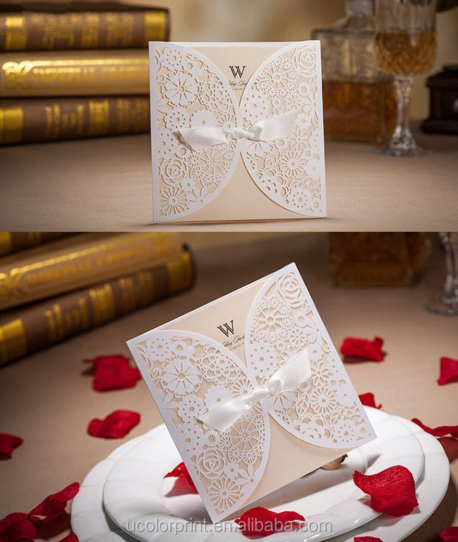 ホワイト中空の花の絹タイの結婚式の招待状招待状封筒付、 シール仕入れ・メーカー・工場