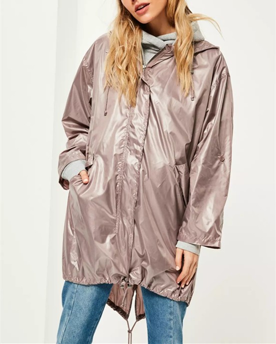 Dusty Pink With Hood Metallic Rain Jacket Waterproof Women Rain Coat
