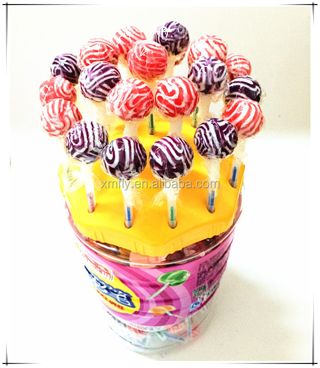 display jar packed assorted fruit flavor two colored stick ball lollipop candy