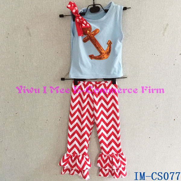 Persnicketyアンカーが付いているスタイリッシュの子の服の子供の白いシャツ一致青色ドットフリルショートパンツ衣装7月4日im-cs094用のセット仕入れ・メーカー・工場