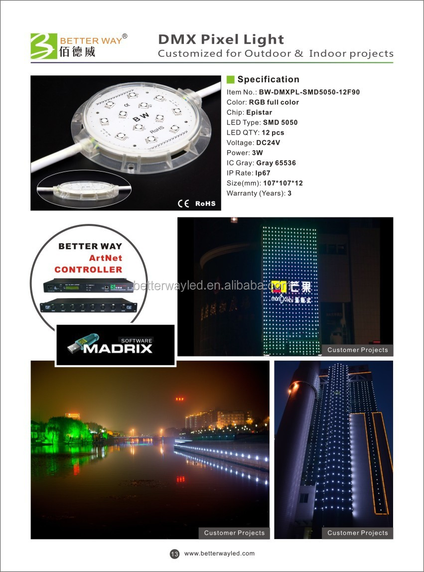 Dmx ledピクセルライト、90ミリメートルdc24v 12 leds 65536グレースケール、でdmxアートネットノードコントローラまたはdmx dviとmadrix。BW-Pixel-SMD5050-12F90仕入れ・メーカー・工場