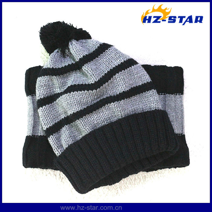 新しい黒とグレーのストライプhzm-13555冬用帽子pompomneckwarmer編み物セット子供のための仕入れ・メーカー・工場