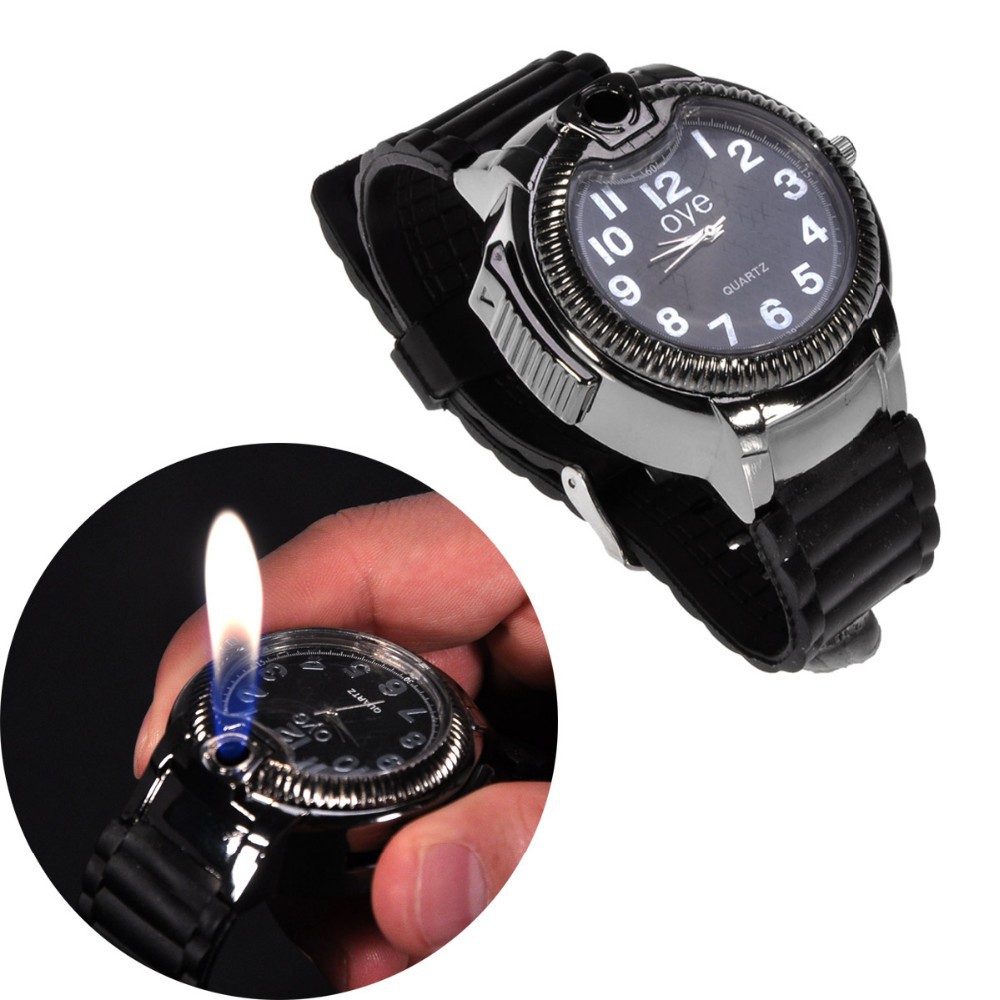 Novelty 2-in-1 Butane Silica Strap Quartz Wrist Watch Gas Refillable Butane Cigarette Lighter Torch Men\'s Christmas Birthday Gift-Black (2)
