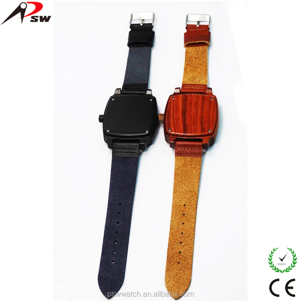 Black leather square shape wood watches, bamboo wood watches