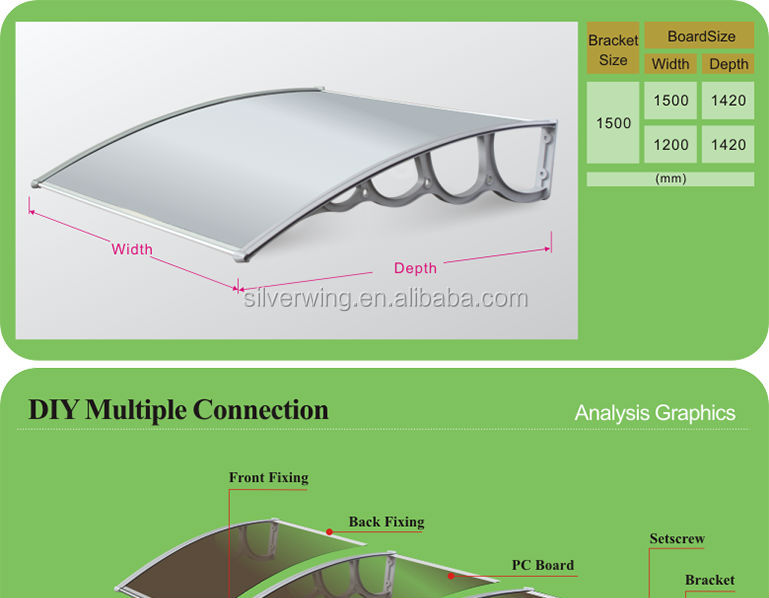 大型プラスチックオーニングポリカーボネート雨のドアキャノピー材料ふたつきプラスチック・1500ミリメートルインジェクションブラケット問屋・仕入れ・卸・卸売り