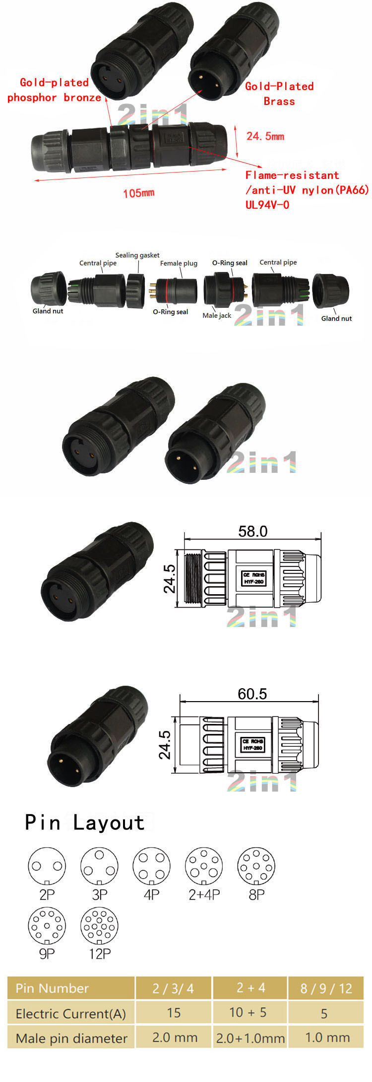 260a2ピンはんだip6815aナイロン防水電動ケーブルワイヤコネクタ仕入れ・メーカー・工場